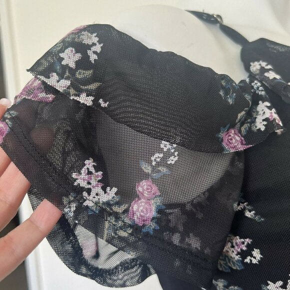 Vintage floral ruffle rose Victorian blouse top XSMALL short cap sleeves - Picture 7 of 11